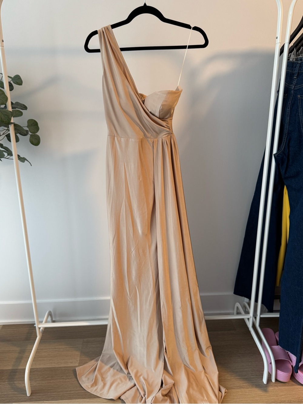One-Shoulder Beige Evening Gown